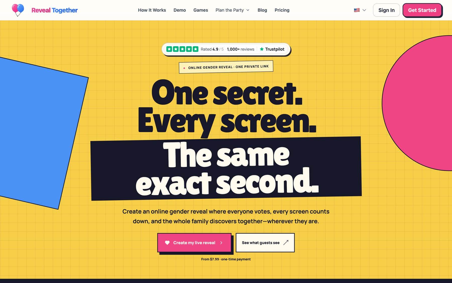 RevealTogether's homepage: One secret. Every screen. The same exact second.