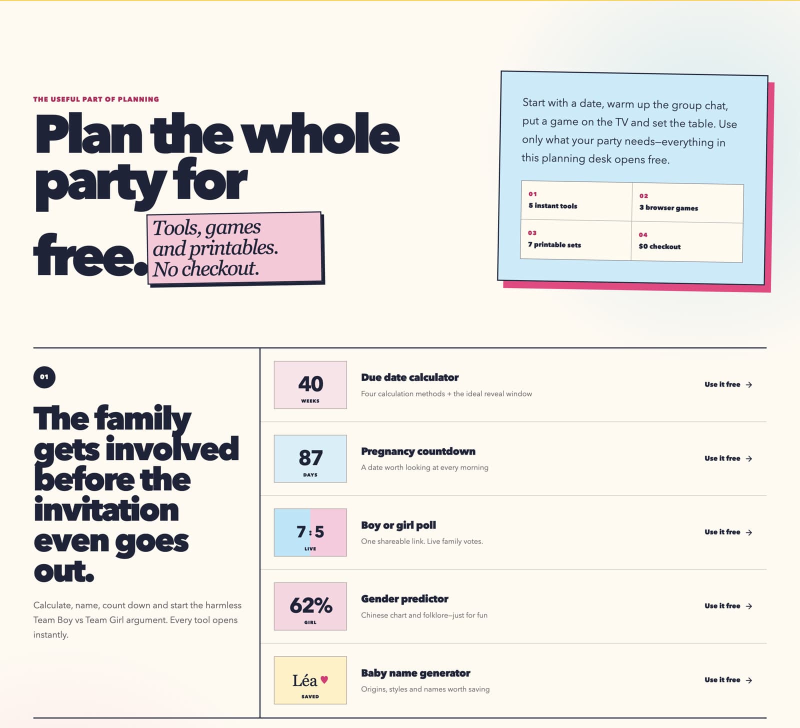 RevealTogether's free planning tools: due date calculator, pregnancy countdown, boy or girl poll, gender predictor.