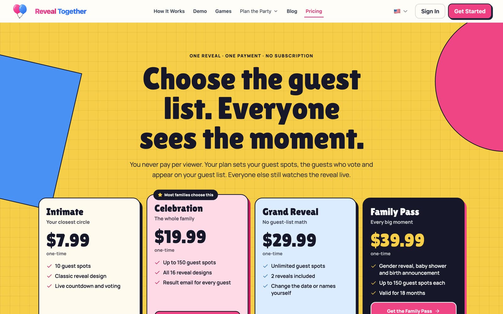 RevealTogether's pricing: four one-time plans, from 7.99 dollars to the Family Pass.