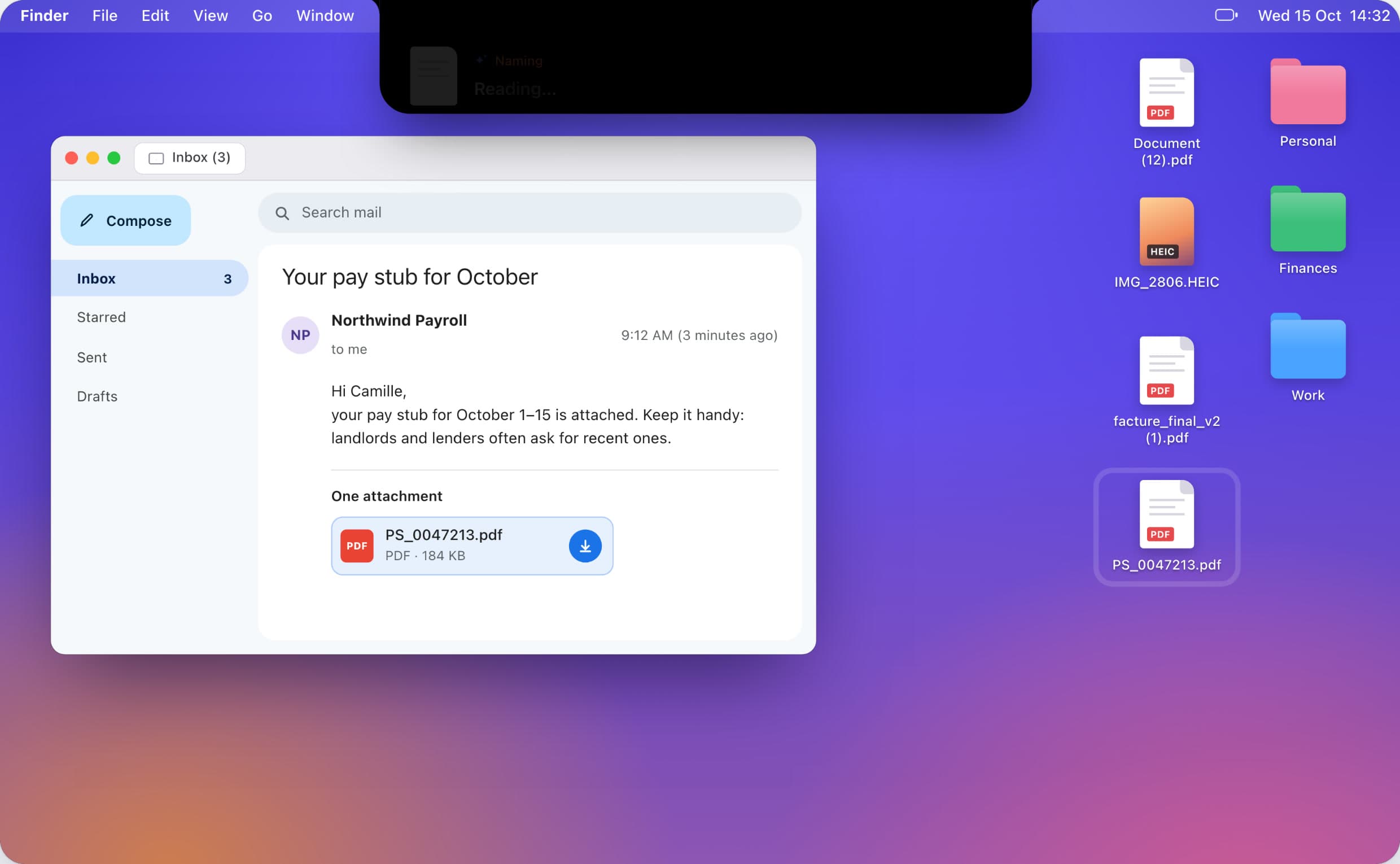 A Mac desktop with a payroll email open: the attached pay stub is about to be saved, and Kempt will name and file it.