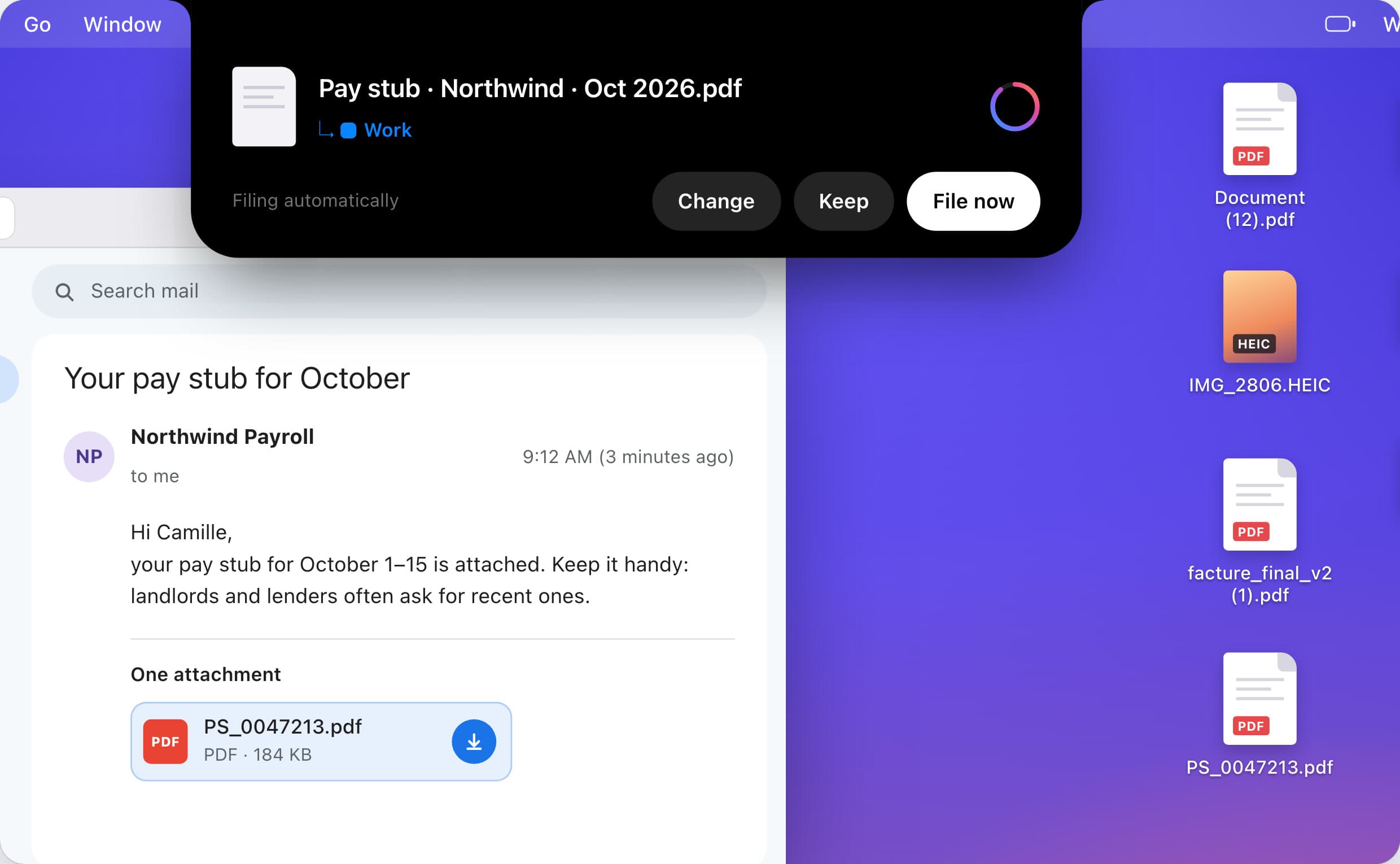 A pay stub saved from an email: Kempt names it in the Mac's notch and files it in Work.