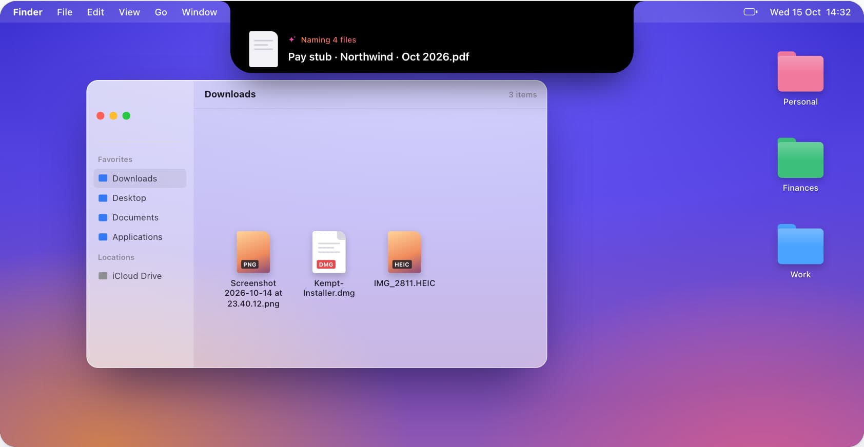 A messy Downloads folder dropped on Kempt: four files named and filed in one pass.